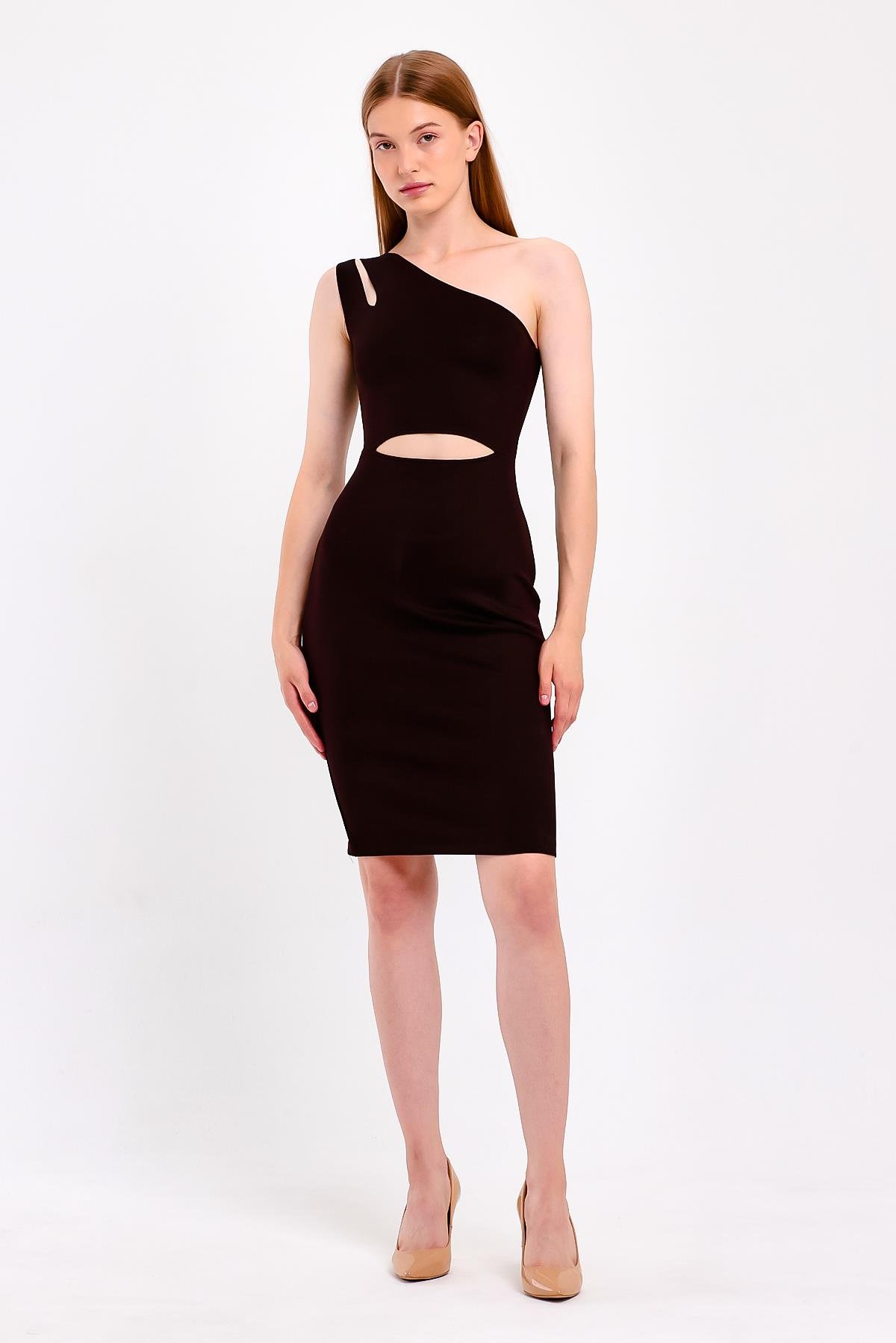 Bordo Yansımalı Cut Out Siyah Elbise