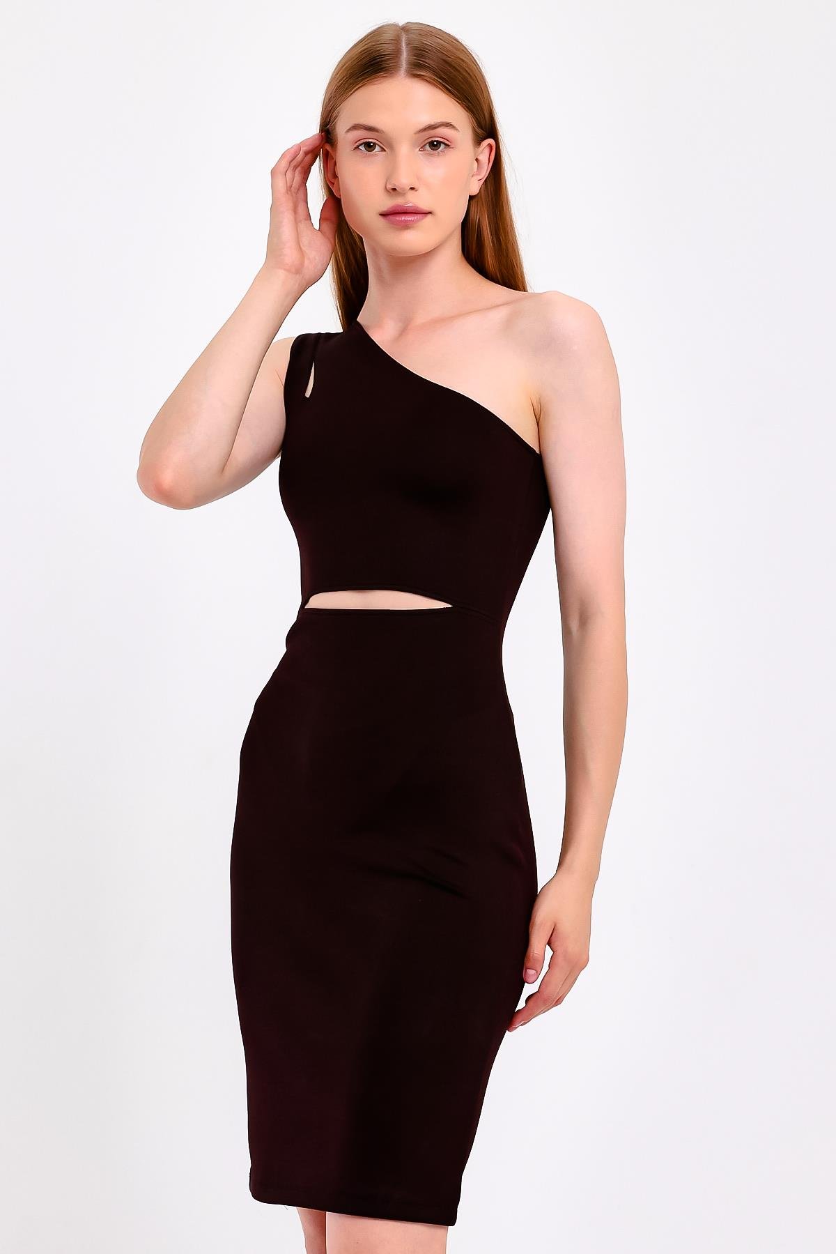 Bordo Yansımalı Cut Out Siyah Elbise