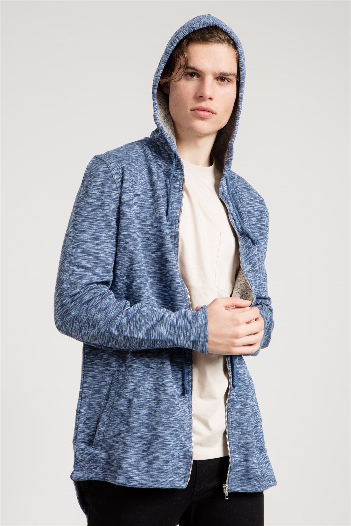 Fermuarlı Multi Mavi Erkek Kapüşonlu Sweatshirt