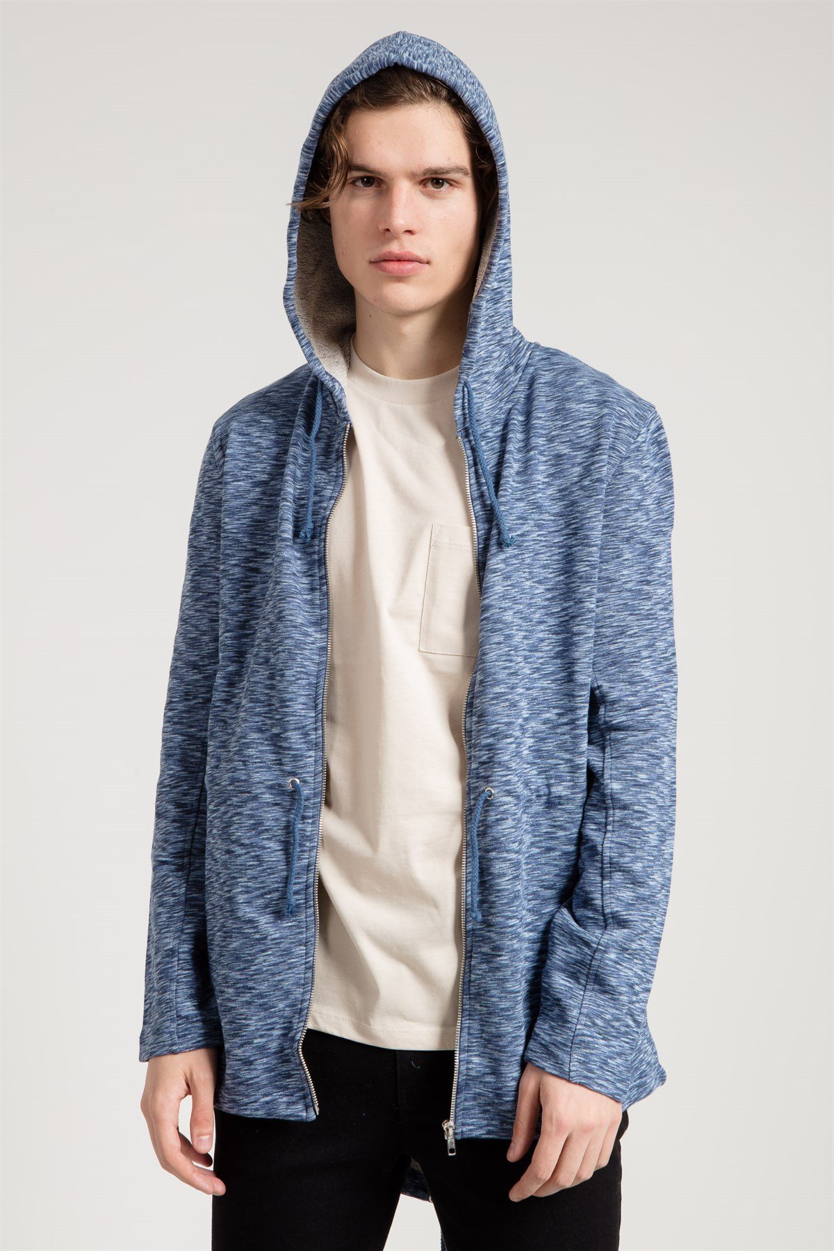 Fermuarlı Multi Mavi Erkek Kapüşonlu Sweatshirt