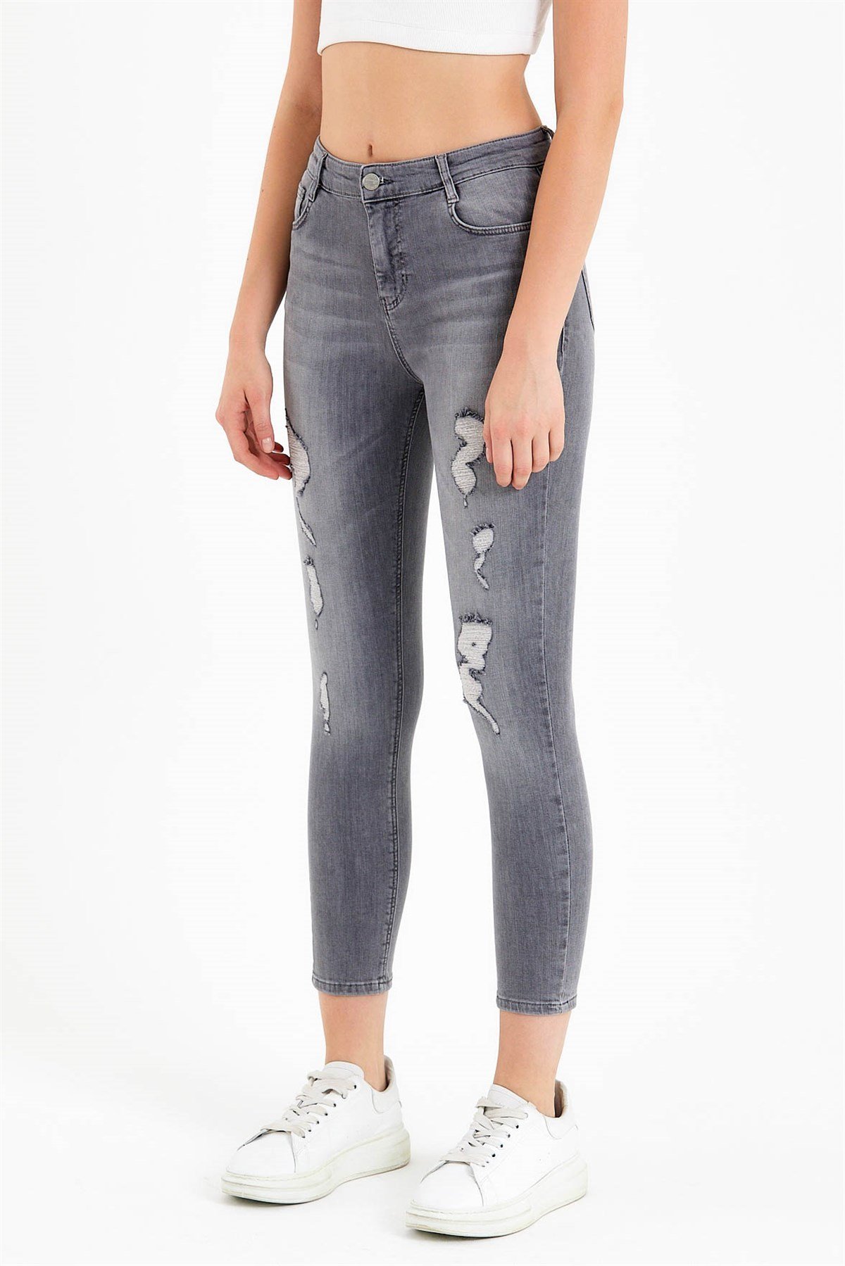 Ripped Skinny Jeans in Grey with High Waist