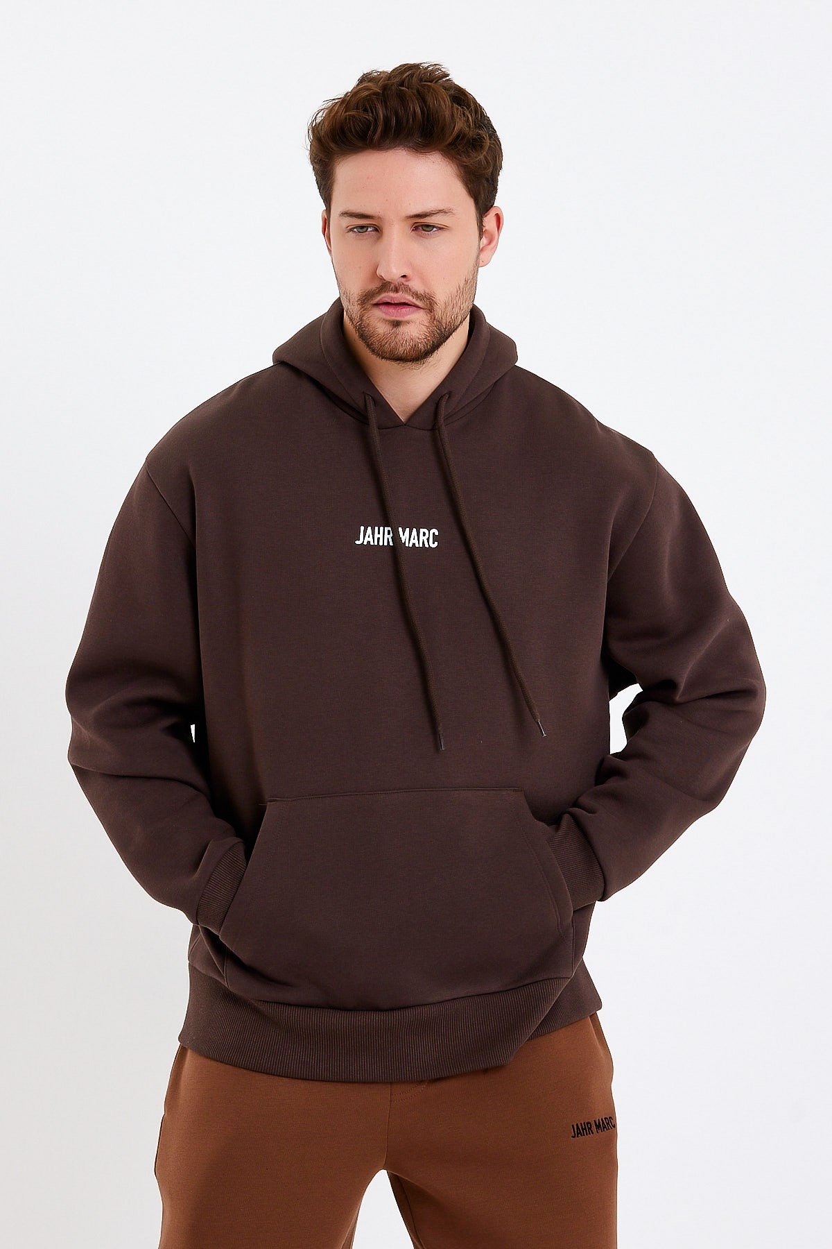 Koyu Kahverengi Nakışlı Oversize Erkek Sweatshirt