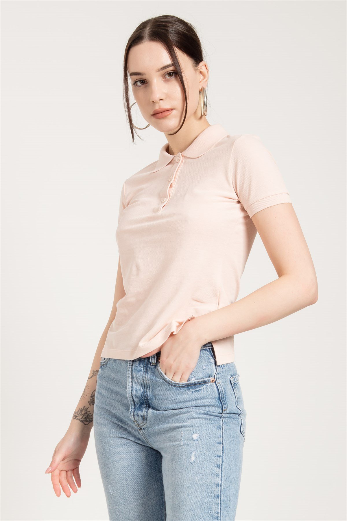 Fitted Polo T-shirt in Pink with Split Sides