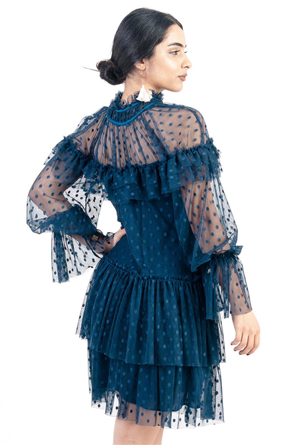 Flare Detailed Dress in Blue with Sheer Polka Dot