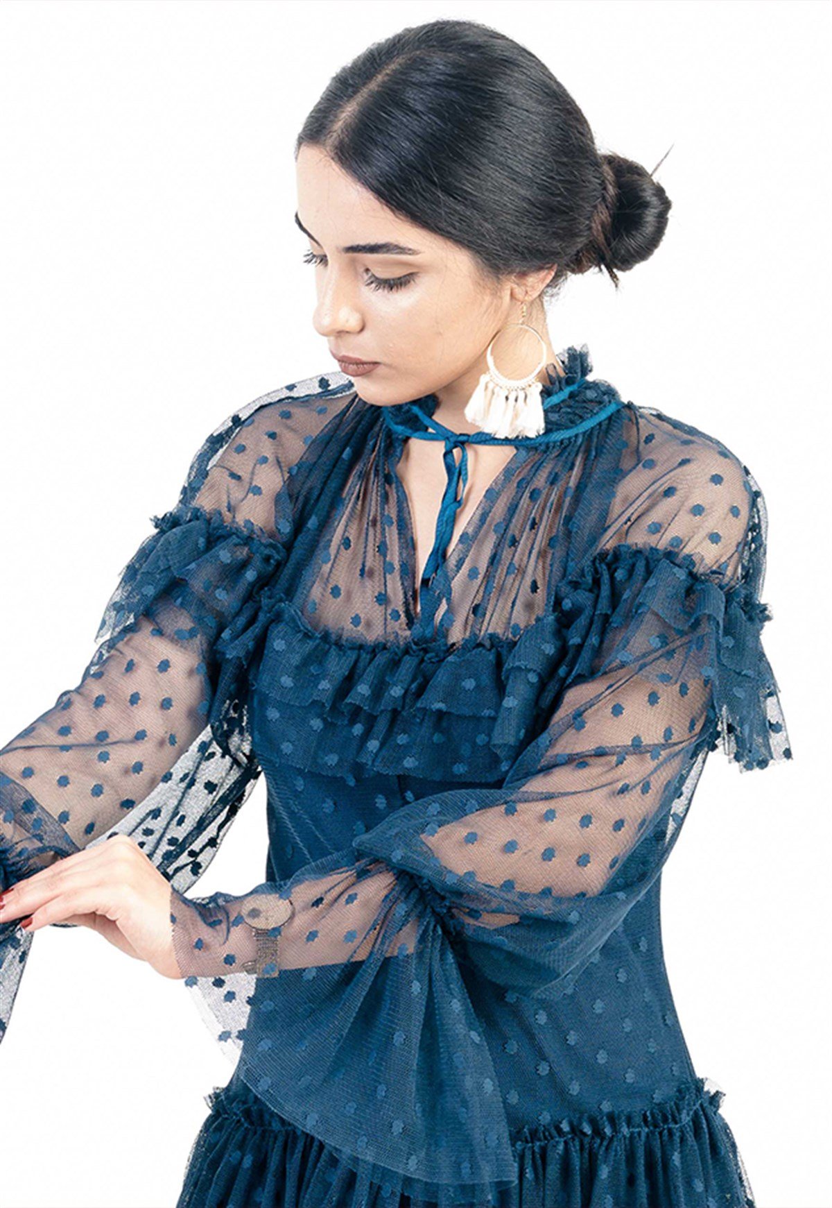 Flare Detailed Dress in Blue with Sheer Polka Dot