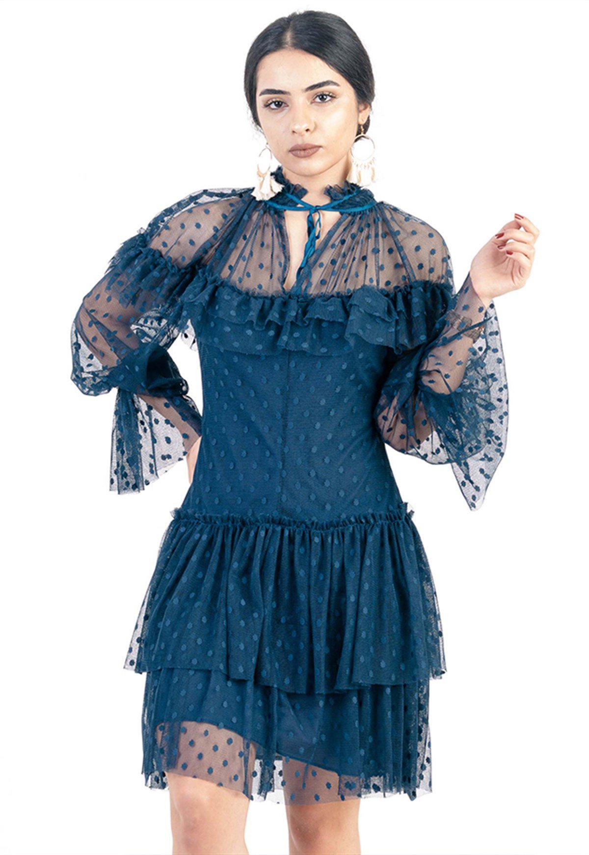 Flare Detailed Dress in Blue with Sheer Polka Dot