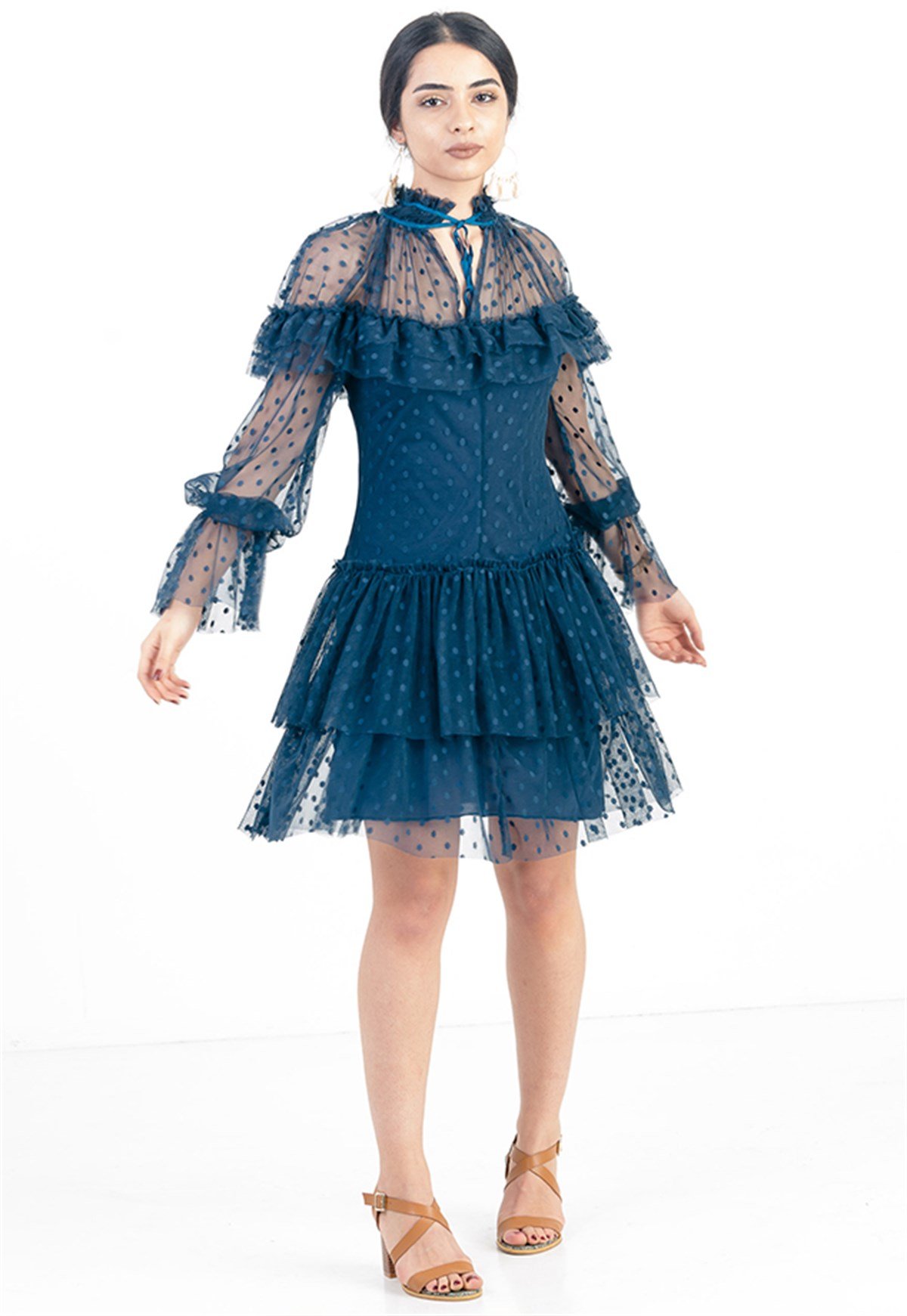 Flare Detailed Dress in Blue with Sheer Polka Dot