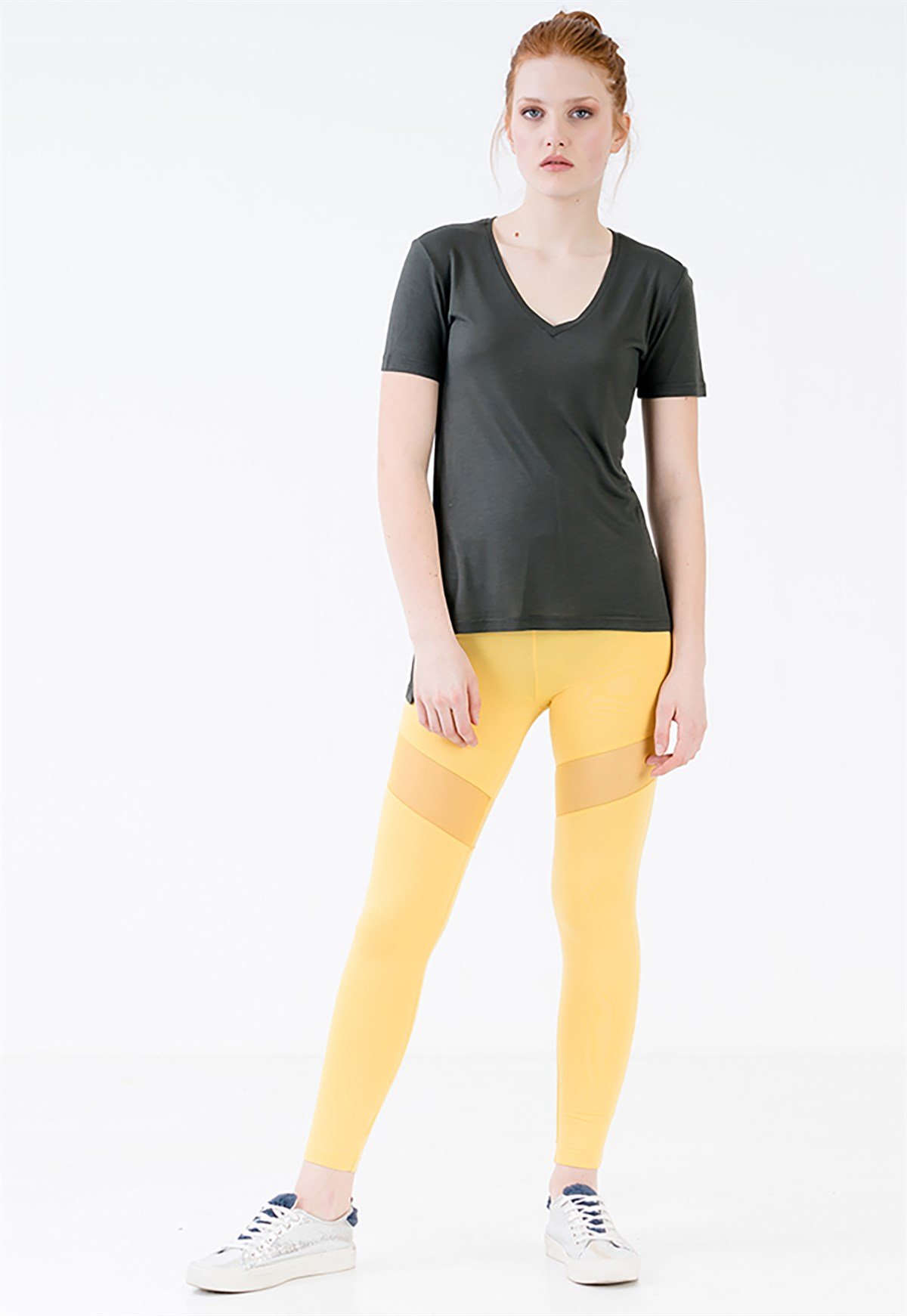 Legging in Yellow with Mesh Insert Detail