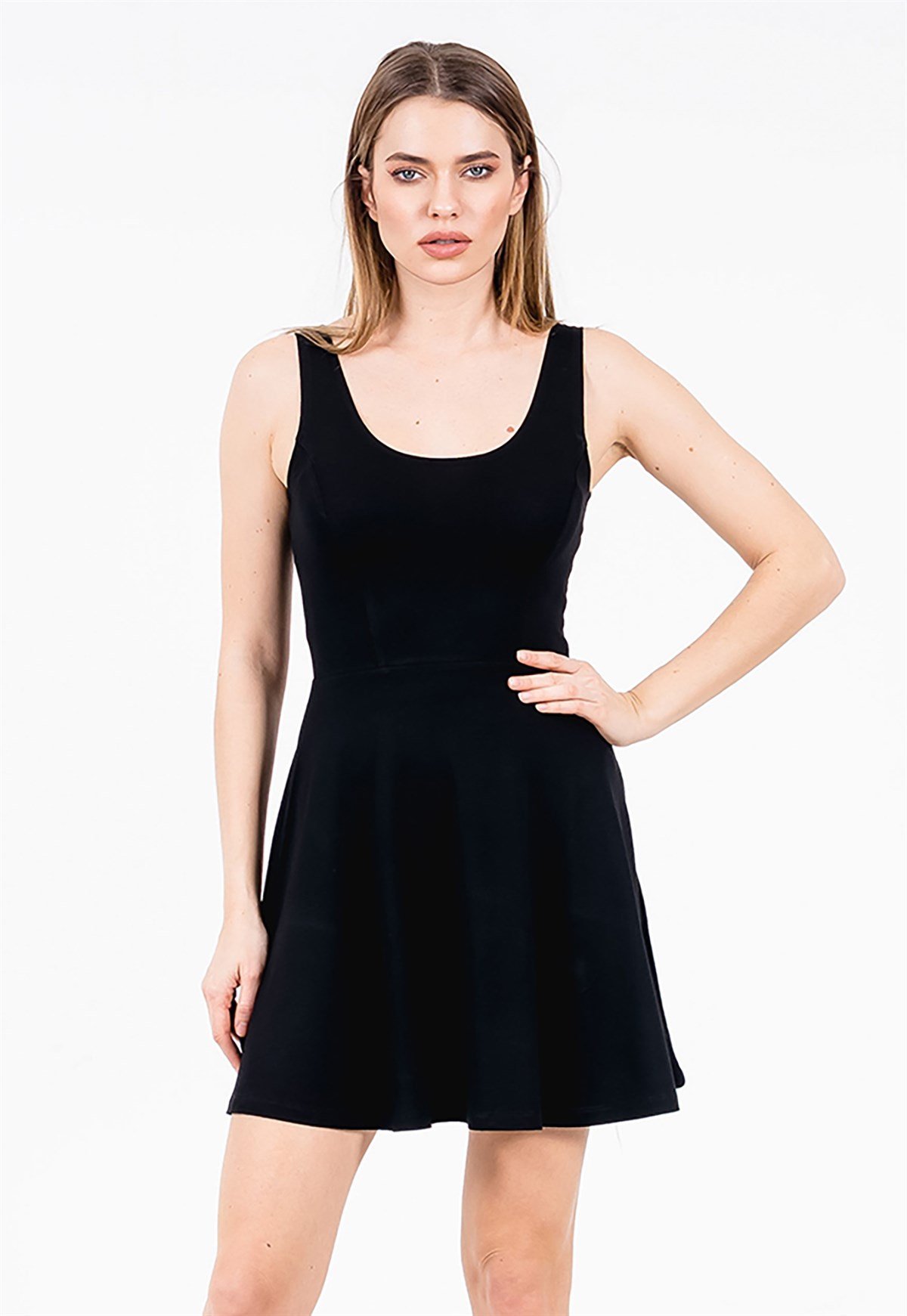 Mini Skater Dress in Black with Scoop Neck
