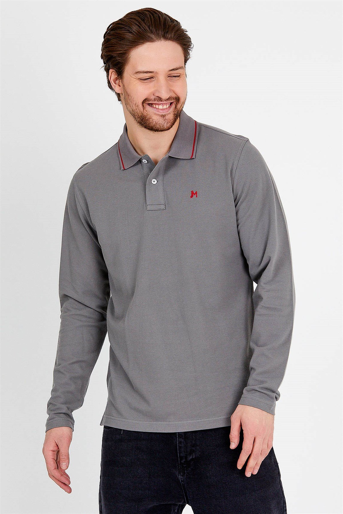 Uzun Kollu Gri Erkek Polo Yaka T-shirt
