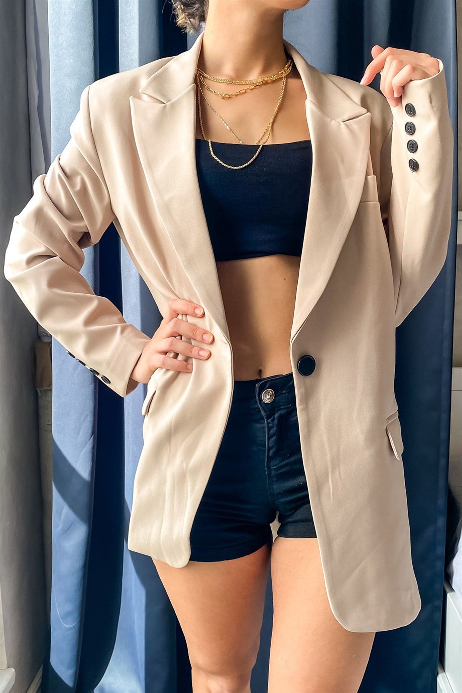 Vatkalı Ekru Oversize Blazer