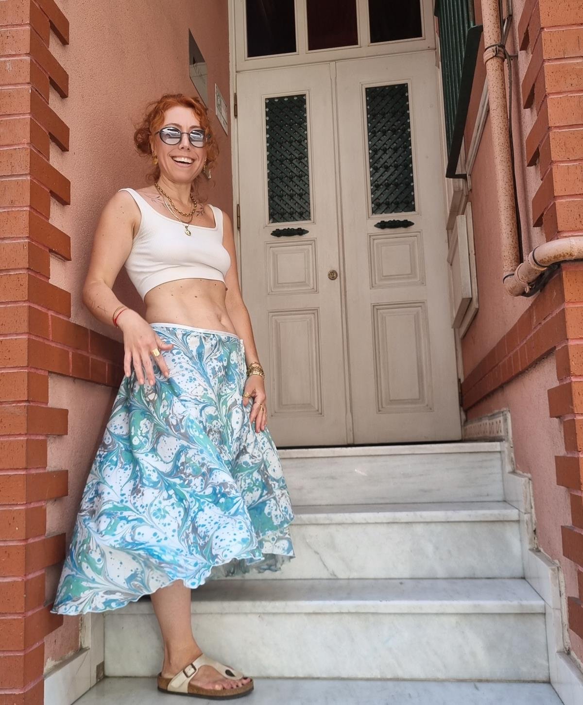 Ebru Desenli Kruvaze Tasarım Saten Etek