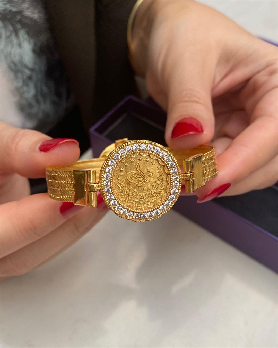 925 Ayar Gümüş Gold  5 Sıra Tuğralı Hasır Bileklik 