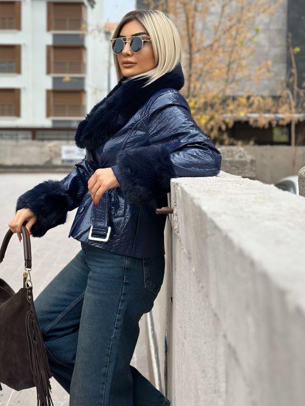 3745 Yaka Kürklü Kısa Rugan Mont Lacivert