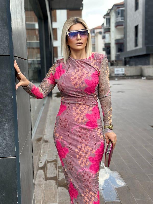 4041 Tül Astarlı Elbise Pembe