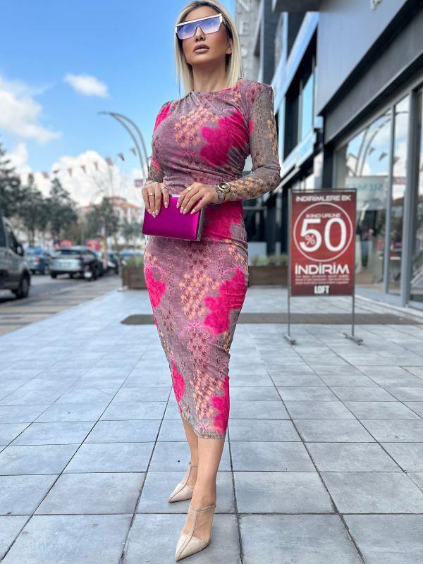 4041 Tül Astarlı Elbise Pembe