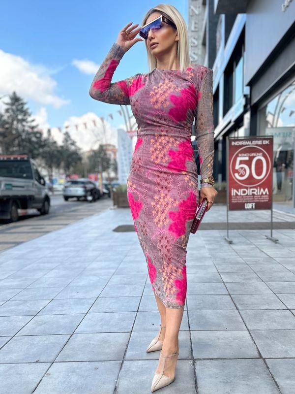 4041 Tül Astarlı Elbise Pembe