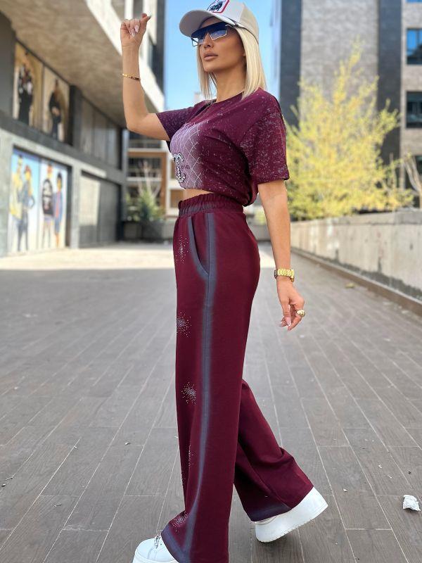 7217 Yuvarlak Taşlı Pantolon Bordo