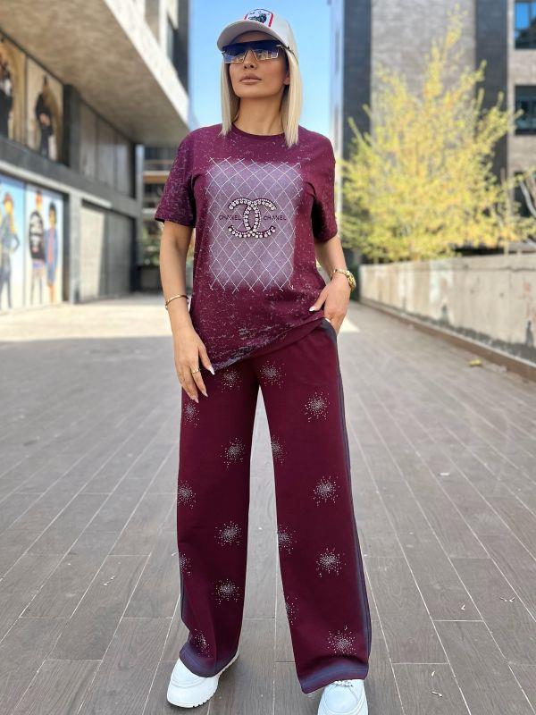 7217 Yuvarlak Taşlı Pantolon Bordo