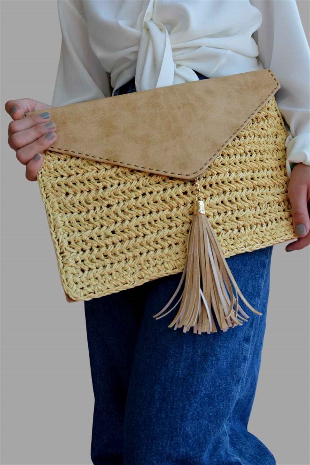 Örme Clutch Çanta Vanilya
