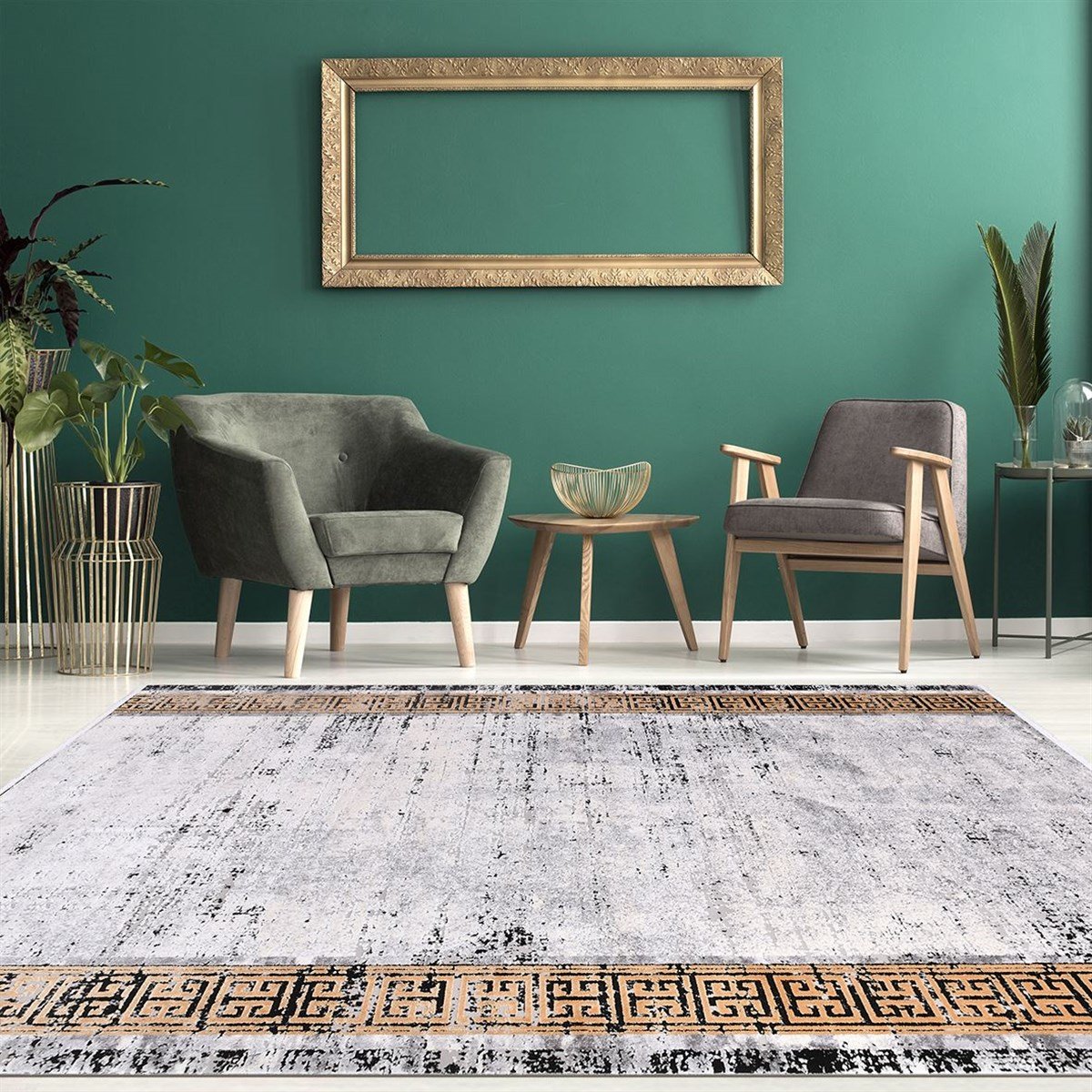 Çam Halı Crea Plus Kristal Erva 18114 Gri Gold Modern Desenli Makine Halısı