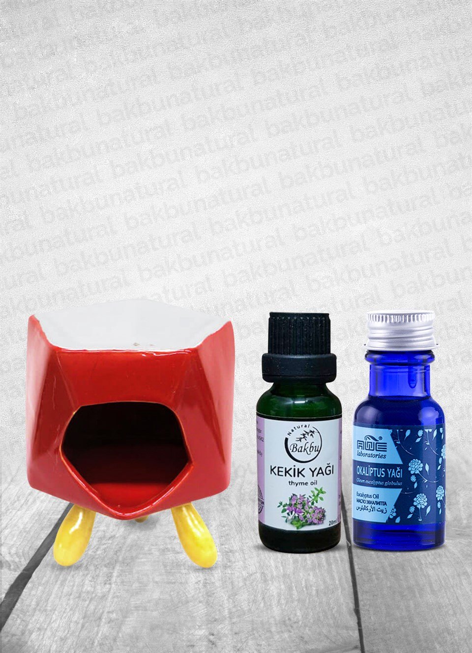 Bakbunatural Bambu Ayaklı Kırmızı Porselen Buhurdanlık Okaliptus Yağı 15Ml Ve Kekik Yağı 20Ml