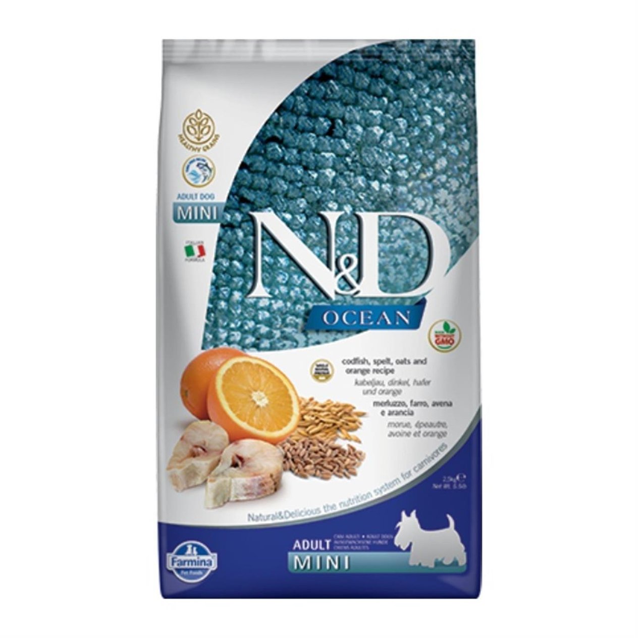 N&D Ocean Ancestral Grain Morina Balıklı ve Portakallı Küçük Irk Düşük Tahıllı Yetişkin Köpek Maması 2,5 Kg