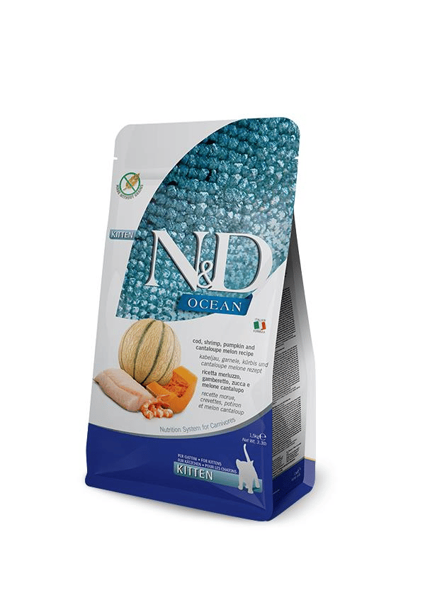 N&D Ocean Morina Balıklı Bal Kabaklı Karidesli ve Kavunlu Tahılsız Yavru Kedi Maması 1,5 Kg