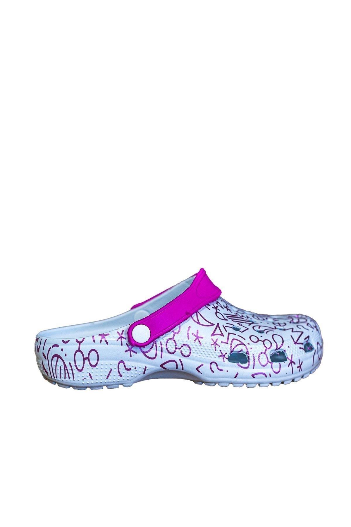 Beyaz Pembe Baskılı Ortopedik Unisex Sandalet/Terlik