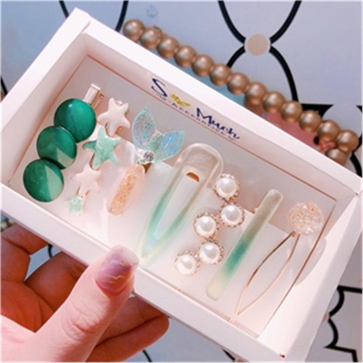 SO-MUCH Kadın Özel 7'Lİ Set Pens Çıtçıt Yan Saç Tokası Yeşilli SET