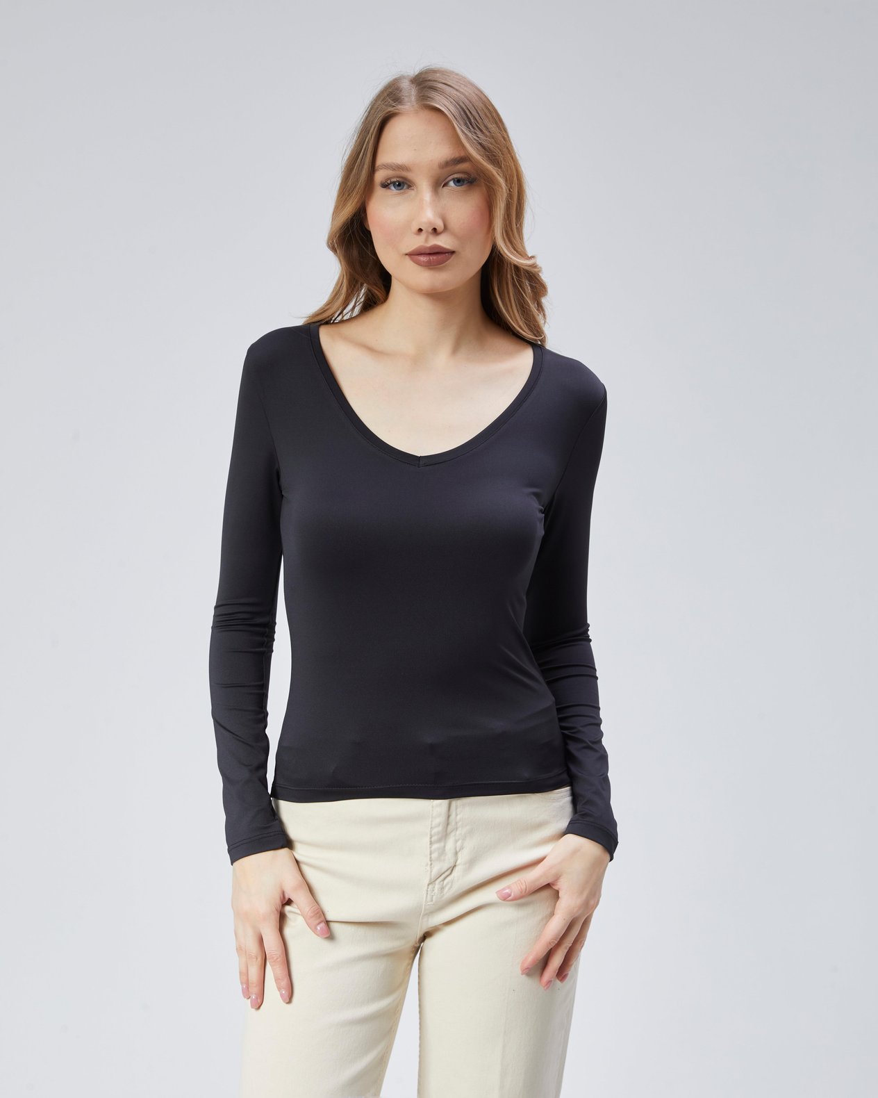 Virago 2'Lİ Soft Touch V Yaka Uzun Kol Bluz/Body (1 Siyah+1 Beyaz)