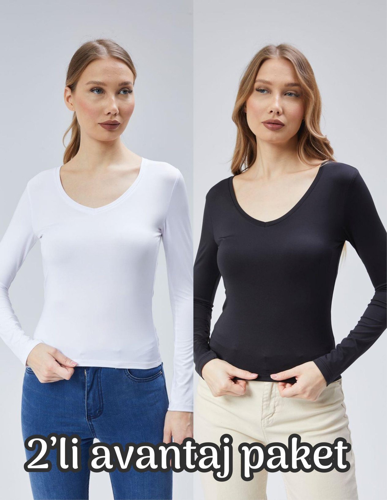 Virago 2'Lİ Soft Touch V Yaka Uzun Kol Bluz/Body (1 Siyah+1 Beyaz)