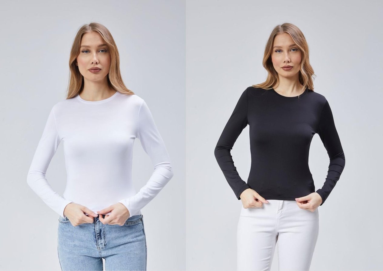 Virago 2'Lİ Soft Touch Yuvarlak Yaka Uzun Kol Bluz/Body (1 Siyah+1 Beyaz)