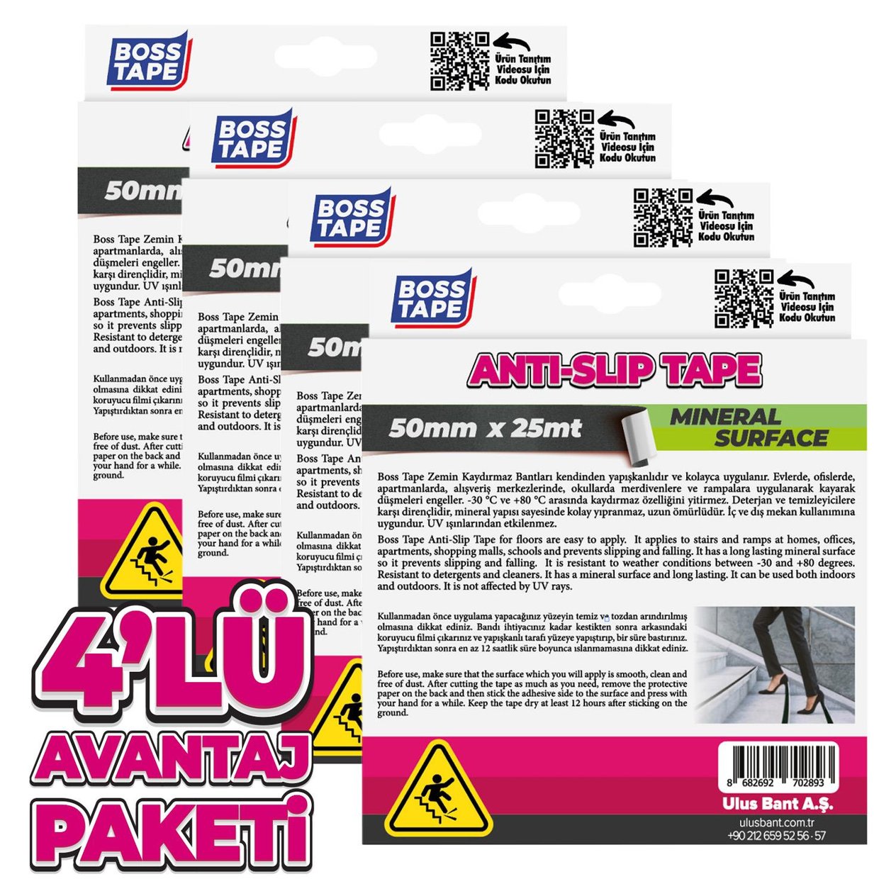 4 Adet Zemin Merdiven Kaydırmaz Bant 50mmx25mt