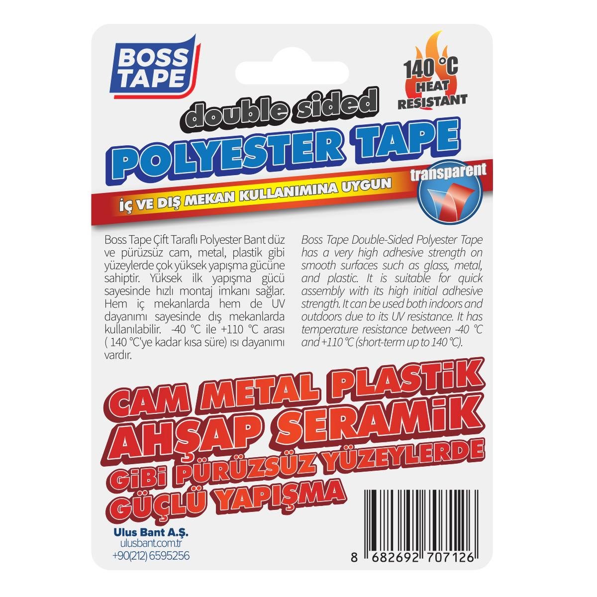 Boss Tape Çift Taraflı Polystr Bant En:15mm Boy5mt