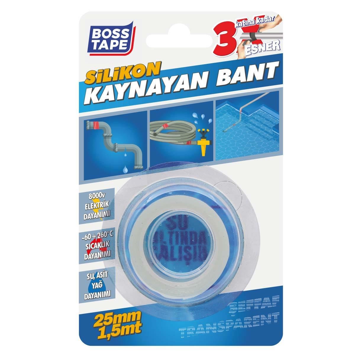 Boss Tape Silikon Kaynayan Tamir Bandı En:25mm Boy:1,5mt Şeffaf