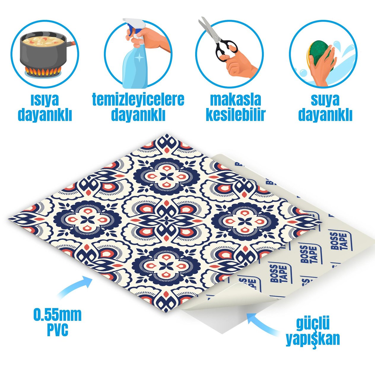 Boss TapeDöşemeBoss Kendinden Yapışkanlı Banyo Mutfak Fayans Kaplama Retro Çiçek Pvc Karo 30x30cm (0,36 m²)