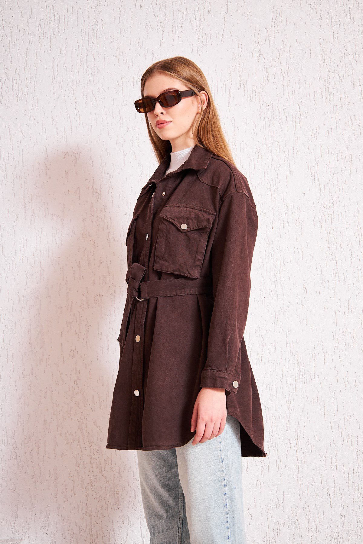 Beli Kemerli Denim Ceket Acıkahve