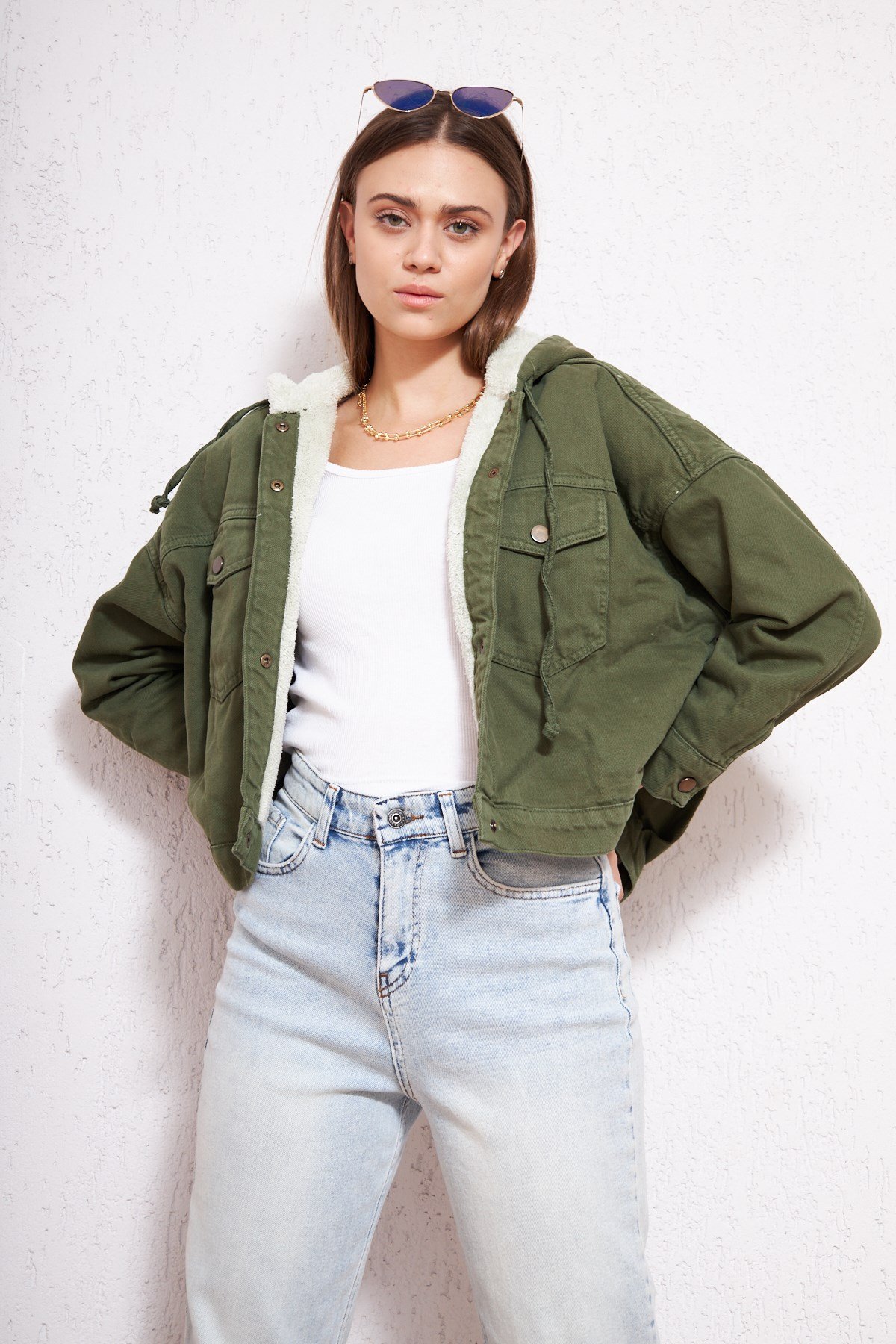 Kısa Denim Peluş Mont Haki