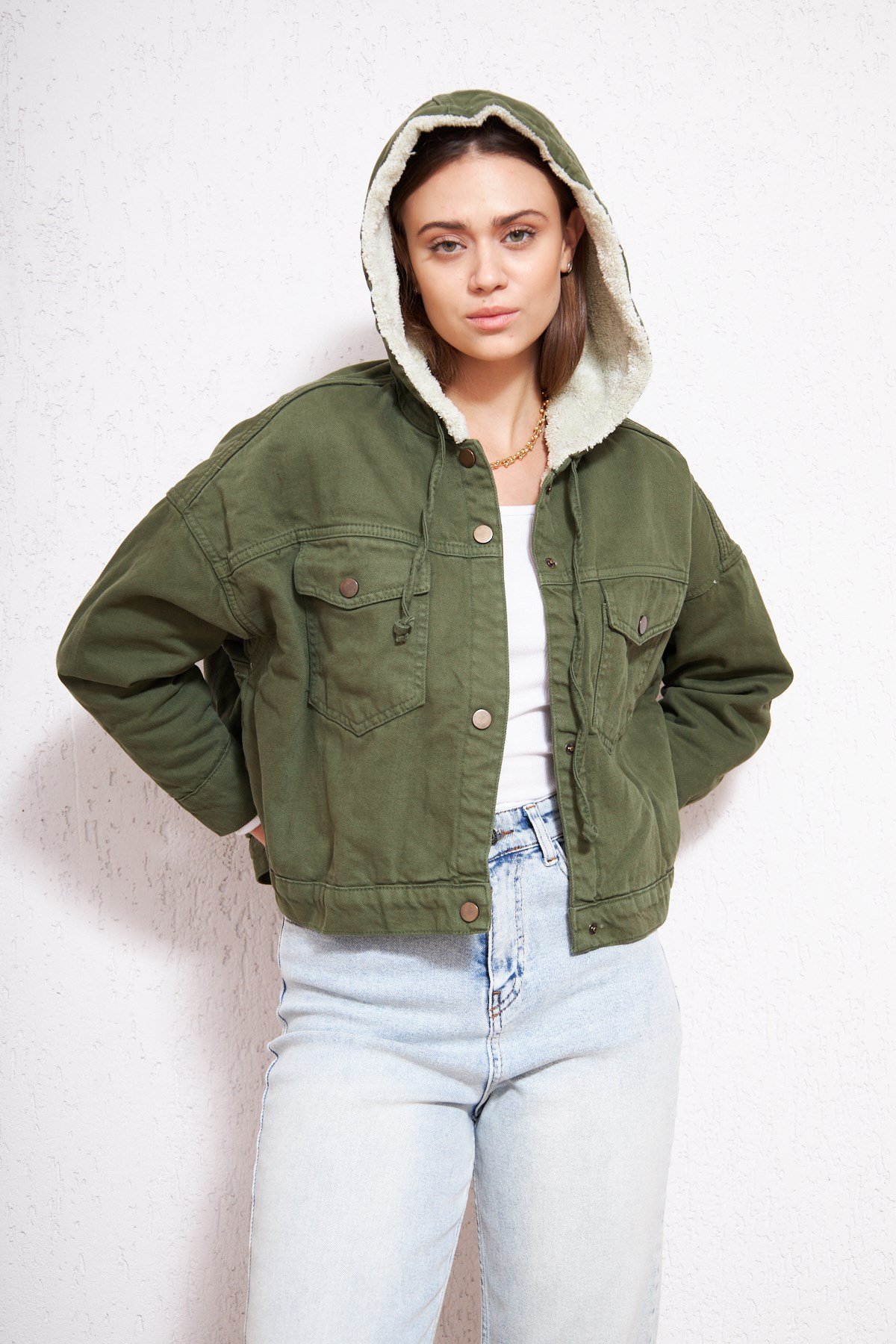 Kısa Denim Peluş Mont Haki