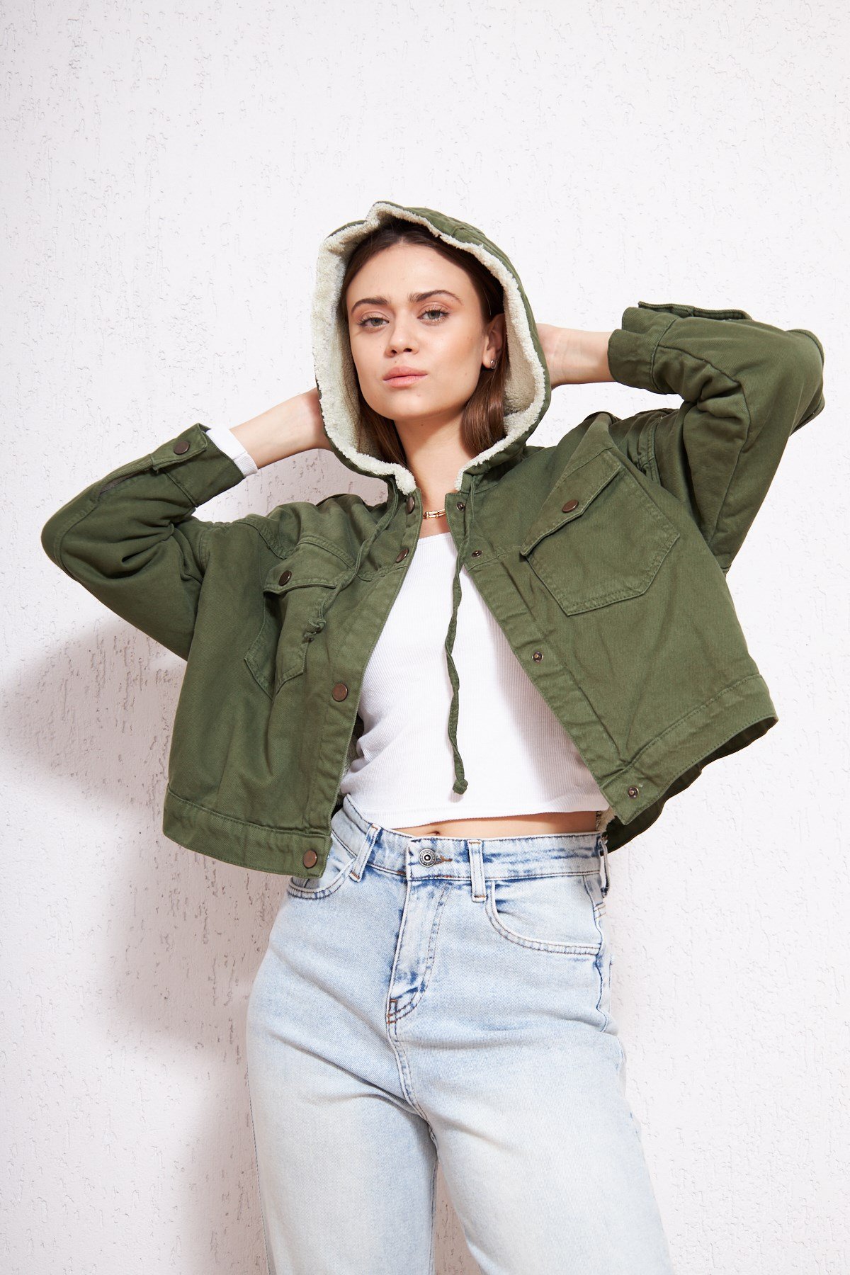 Kısa Denim Peluş Mont Haki