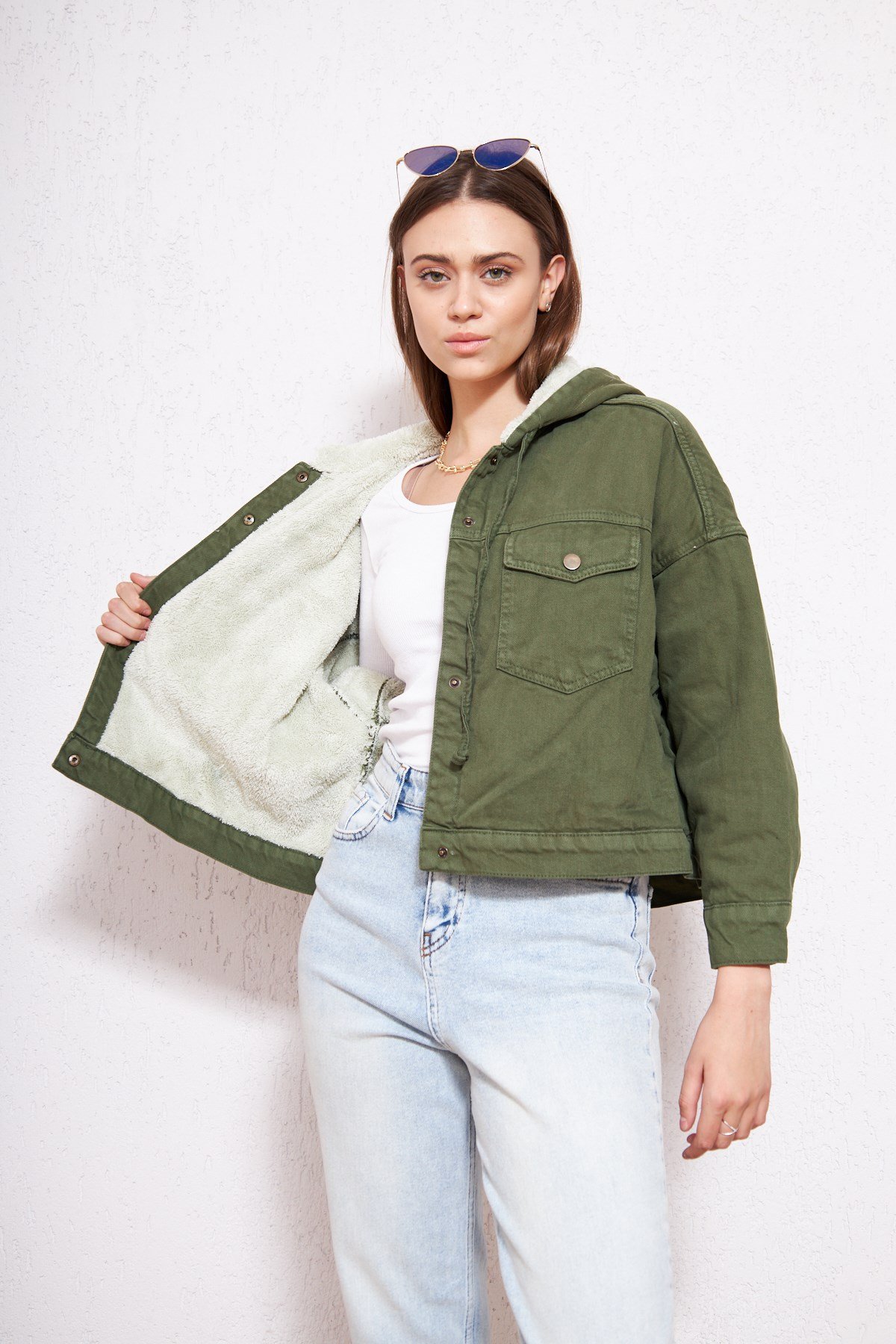 Kısa Denim Peluş Mont Haki