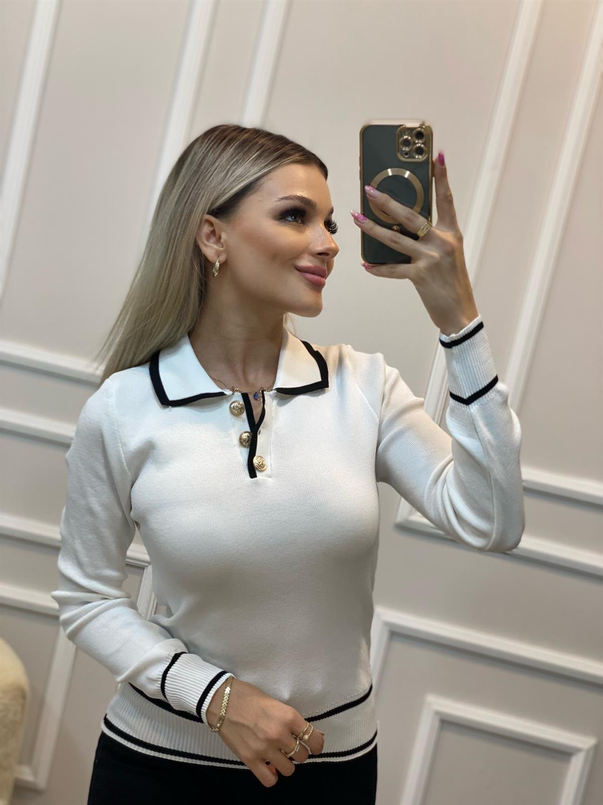 Beyaz Polo Yaka Marka Model Triko Bluz 