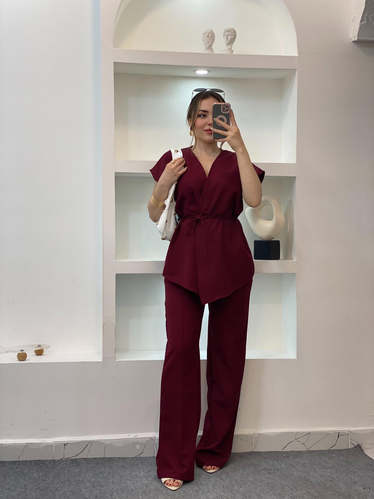 Bordo Beli Kuşaklı Yelekli Takım 