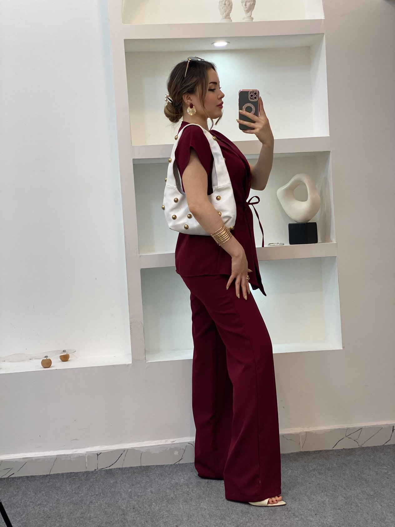 Bordo Beli Kuşaklı Yelekli Takım 