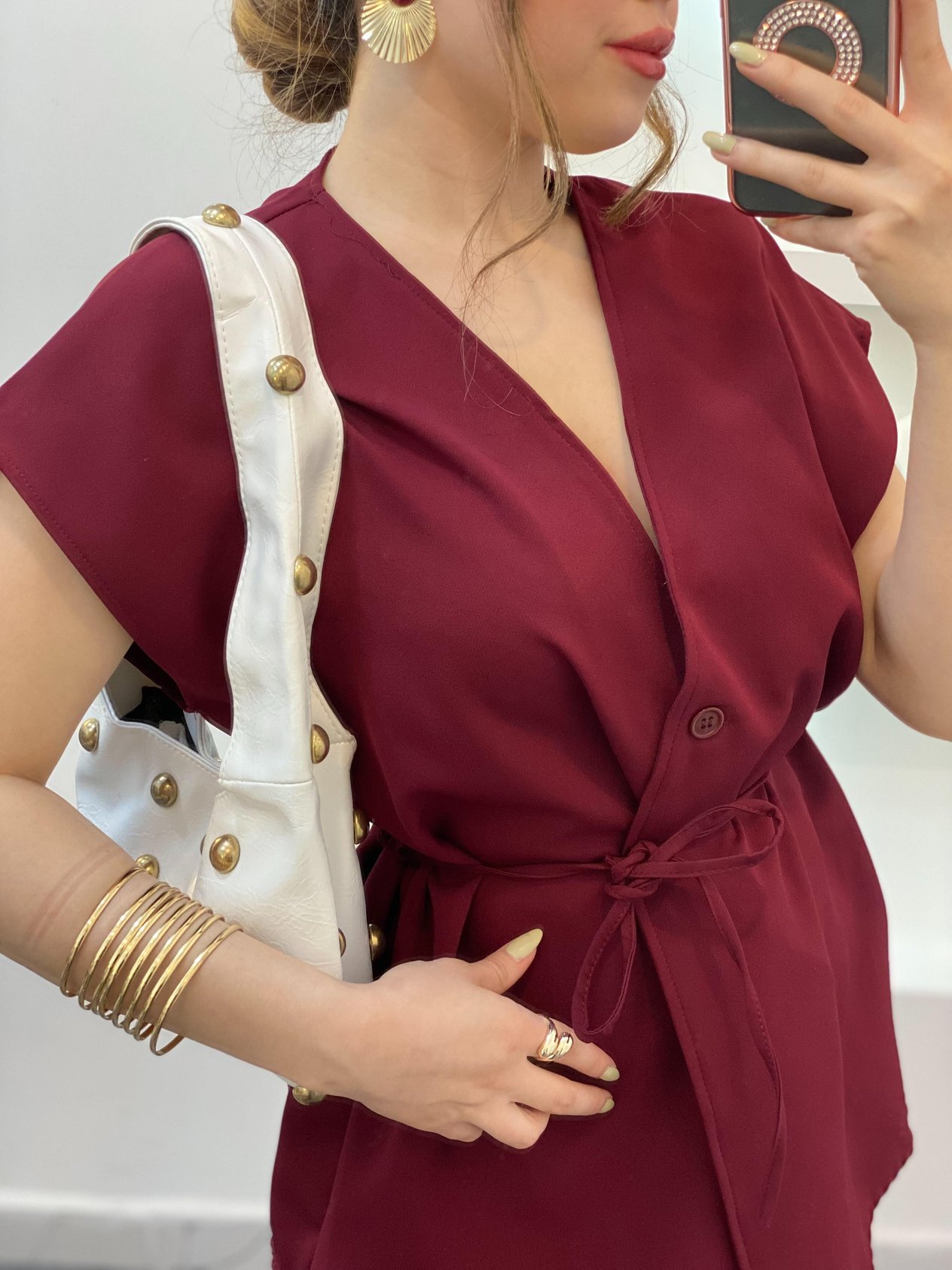 Bordo Beli Kuşaklı Yelekli Takım 