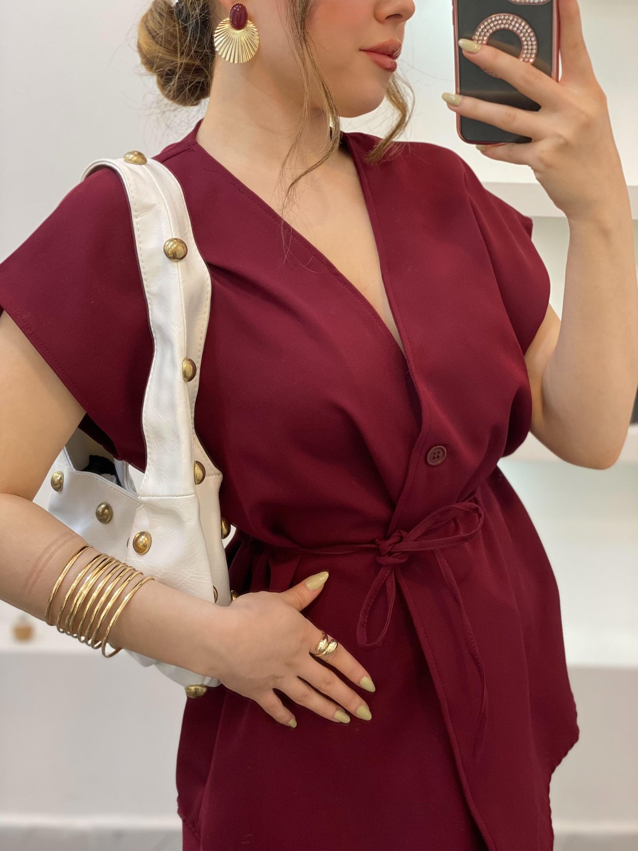 Bordo Beli Kuşaklı Yelekli Takım 