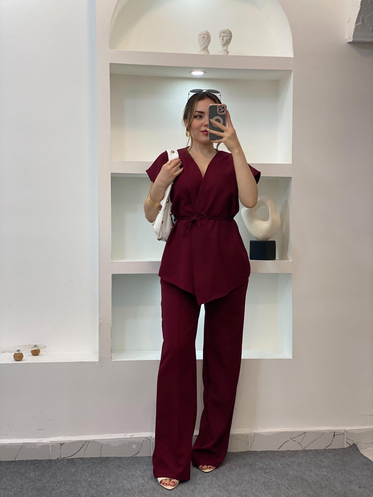 Bordo Beli Kuşaklı Yelekli Takım 