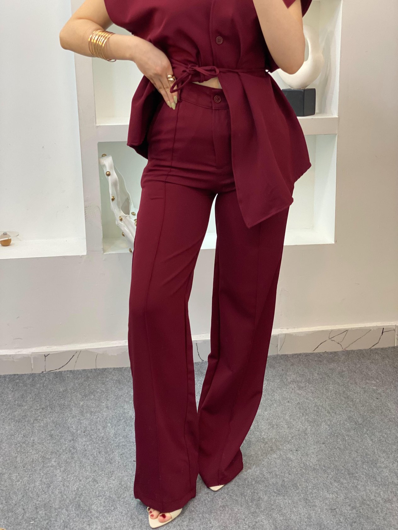 Bordo Beli Kuşaklı Yelekli Takım 