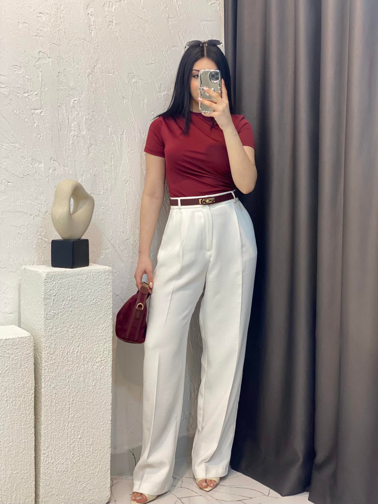 Bordo Drapeli Kısa Kol Bluz